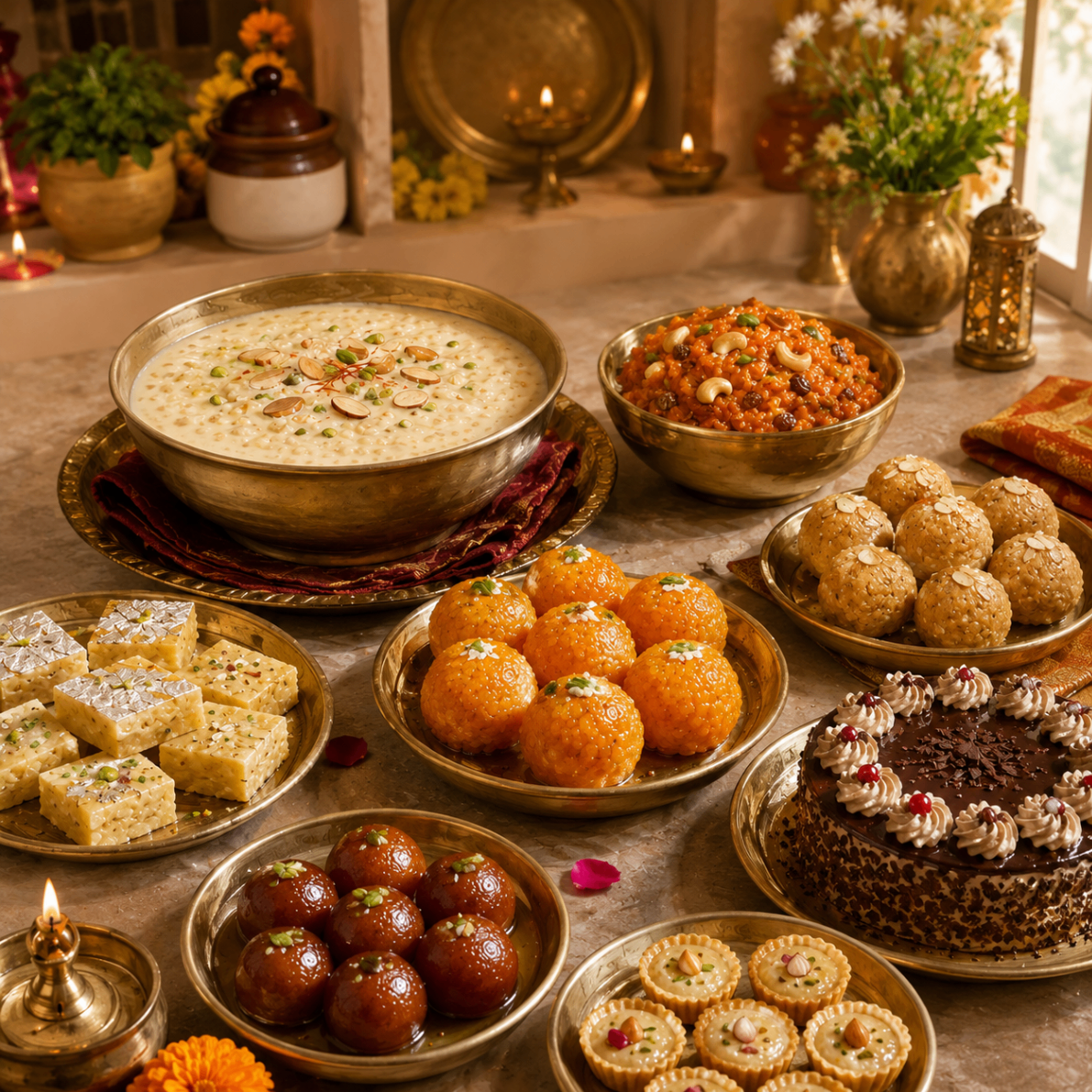 Indian sweets and desserts arranged for a festive spread.