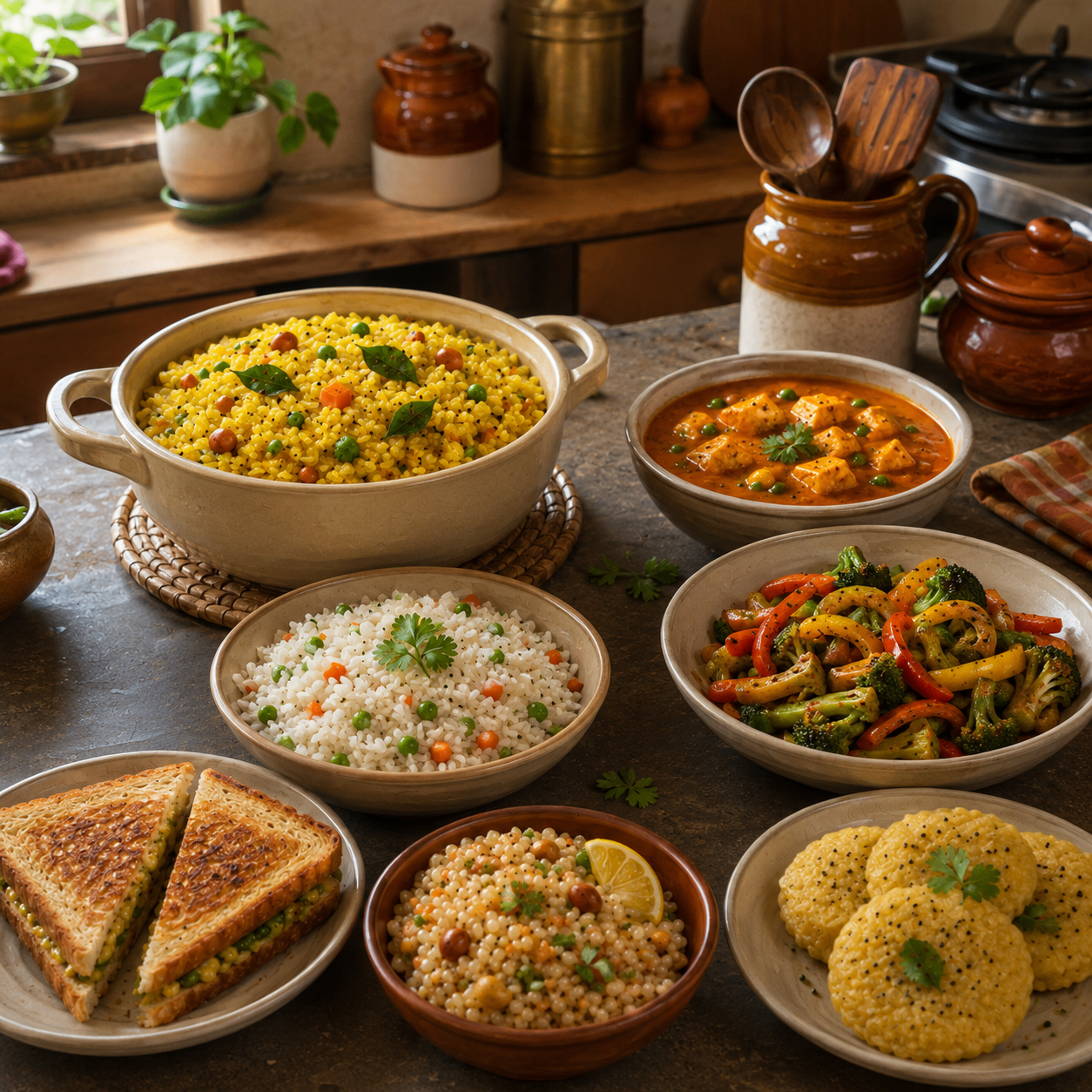 Quick meal spread with rice, curry, vegetables and snacks.