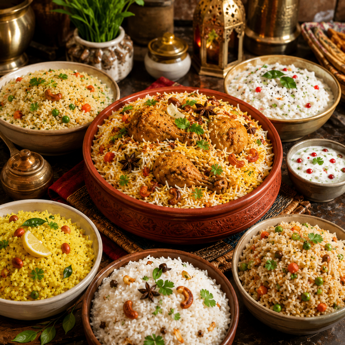 Festive biryani and rice dishes served in traditional bowls.