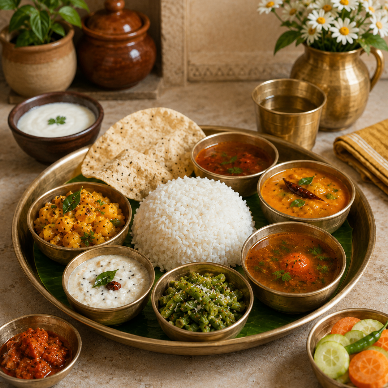 Traditional lunch thali with rice, curries and sides.