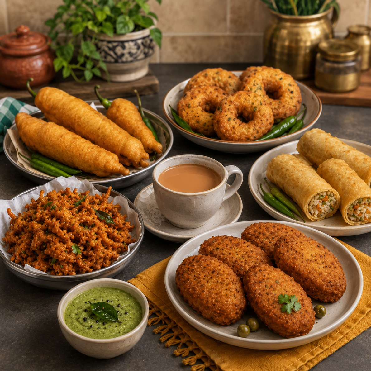 Tea-time snacks with fritters, vada, rolls and chutney.